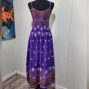 Boho Purple Smocked Maxi Dress Adjustable Straps 100% Rayon Thailand